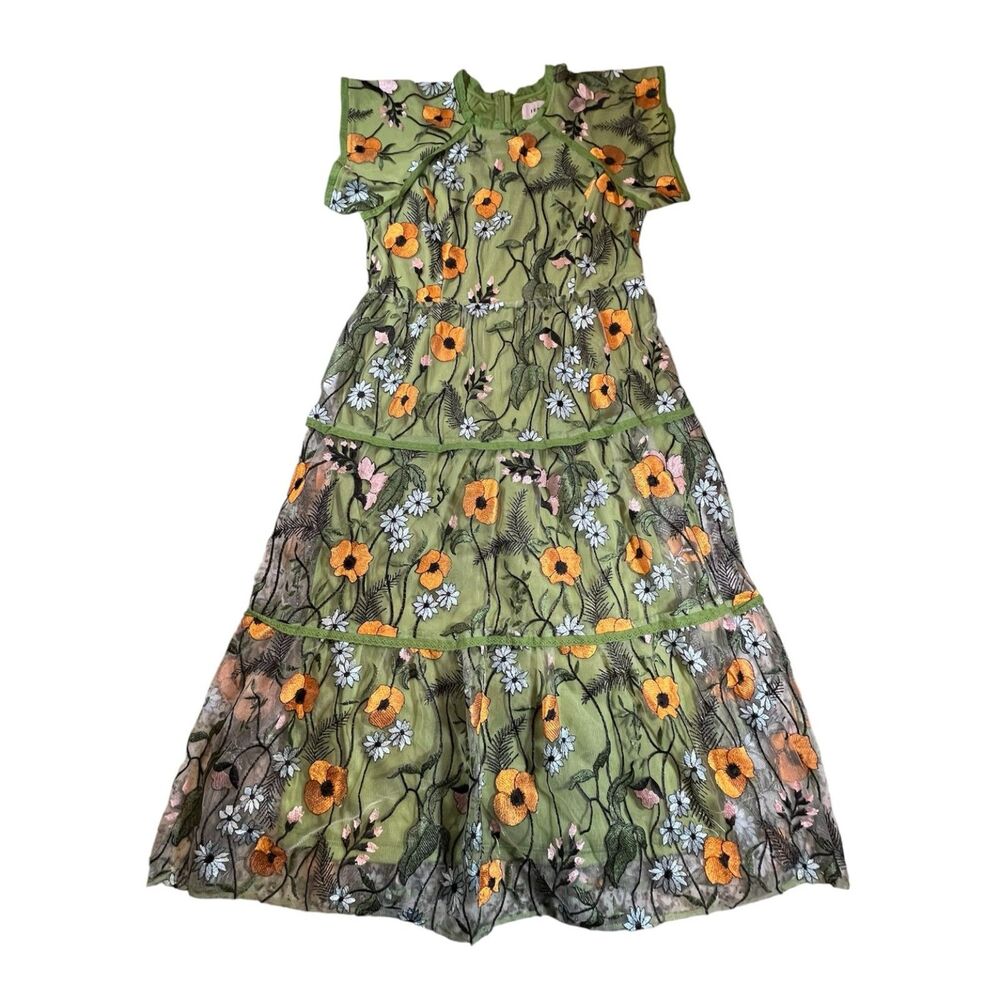 Womens JessaKae Floral Embroidered Mesh Midi Dress Green Orange Size L - Picture 2 of 15